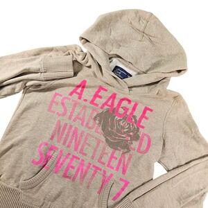 Y2K American Eagle Rose Graphic Pullover Hoodie Distressed Tan Pink 2010 Women L